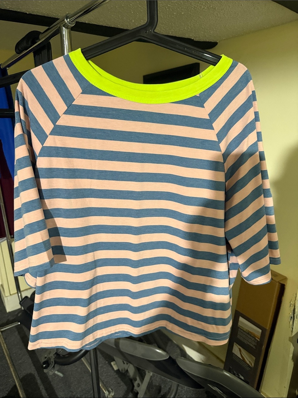 Striped Blue and Pink Boatneck Top with Neon Trim
